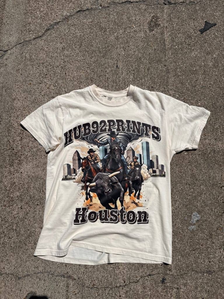 White T-shirt with Houston cowboy graphic and HUB92PRINTS logo.